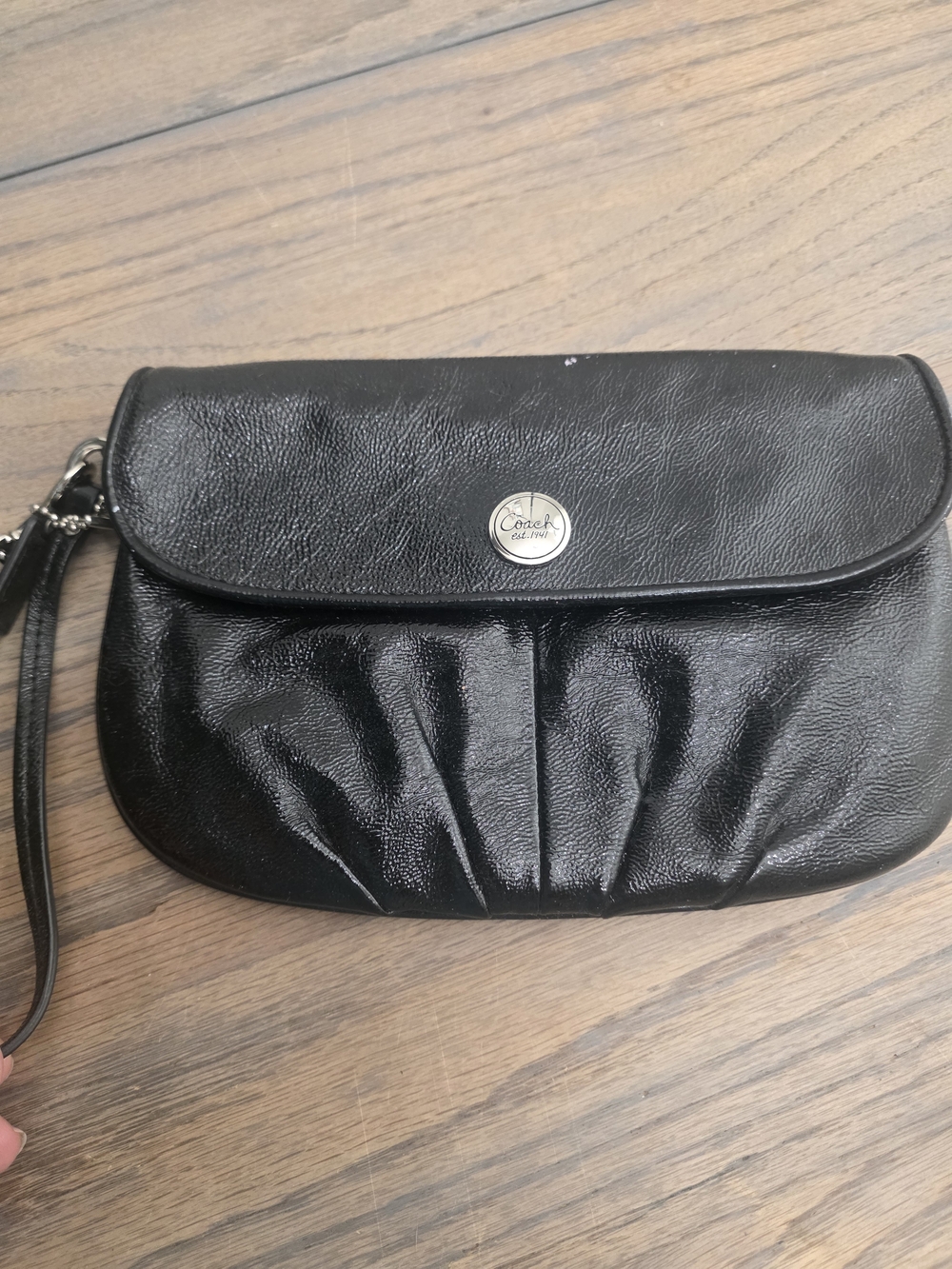 Coach Black Patent Leather Wristlet with Silver Logo